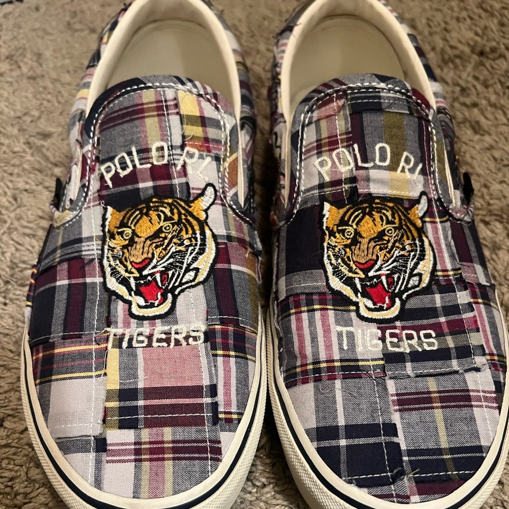 Ralph Lauren Plaid Slip-On Loafers with Tiger Embroidery